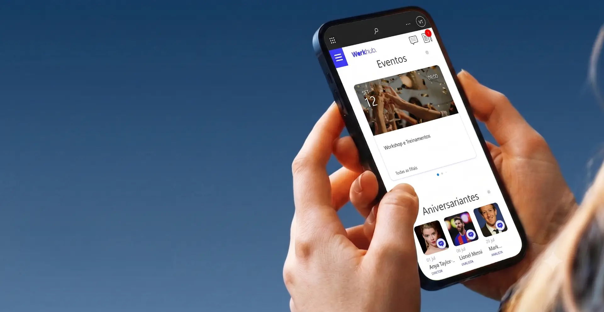 Portal Workhub aberto em um smartphone mostrando eventos e aniversariantes