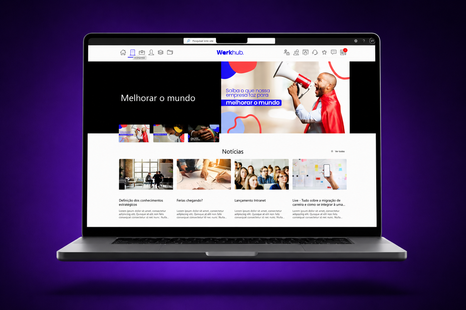 Portal Workhub aberto em um notebook mostrando a home da intranet