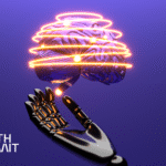 Ilustração futurista em fundo roxo mostrando uma mão robótica aberta, voltada para cima, sustentando um cérebro humano. Ao redor do cérebro, há anéis luminosos em tons de laranja e amarelo, sugerindo tecnologia, energia e conexão. No canto inferior esquerdo, aparece o texto “Workhub no South Summit”, indicando contexto de evento e inovação ligada à inteligência artificial e ao futuro do trabalho.