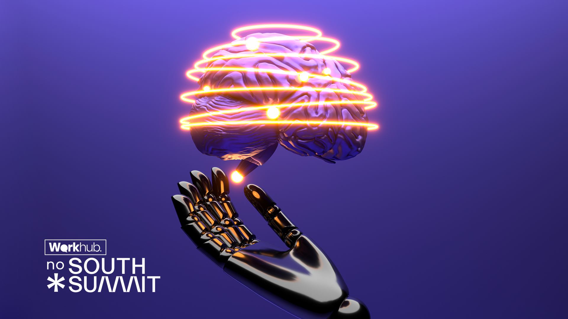 Ilustra&ccedil;&atilde;o futurista em fundo roxo mostrando uma m&atilde;o rob&oacute;tica aberta, voltada para cima, sustentando um c&eacute;rebro humano. Ao redor do c&eacute;rebro, h&aacute; an&eacute;is luminosos em tons de laranja e amarelo, sugerindo tecnologia, energia e conex&atilde;o. No canto inferior esquerdo, aparece o texto &ldquo;Workhub no South Summit&rdquo;, indicando contexto de evento e inova&ccedil;&atilde;o ligada &agrave; intelig&ecirc;ncia artificial e ao futuro do trabalho.